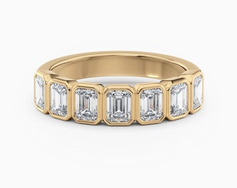 Moissanite Wedding Band Emerald Bezel Set Engagement Ring Half Eternity Ring 14K Solid Gold Ring Anniversary Ring Stackable Ring Gift Ring