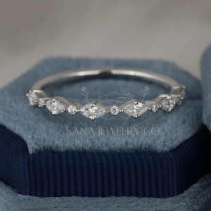 Marquise And Round Cut Moissanite Wedding Band, 14K Solid White Gold Band, Half Eternity Band, Minimalist Band, Stackable Band, Gift For Her