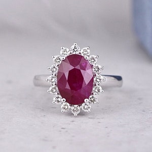 2.5 Ct Oval Cut Ruby Halo Diamond Engagement Ring, Princess Diana Inspired Ruby Stone Ring, 14K White Gold Ring, Vintage Starburst Halo Ring