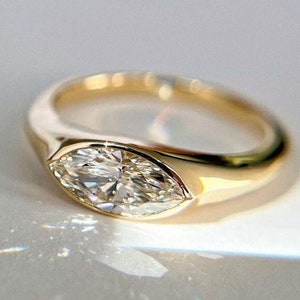 East West 1.5 CT Marquise Cut Bezel Moissanite Engagement Ring, 14K Solid Gold Wedding