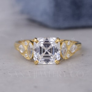 Art Deco Ring, 2 Ct Asscher Cut Moissanite Engagement Ring, 14K Yellow Gold Ring, Stackable Ring, Vintage 1930s Ring, Anniversary Gift