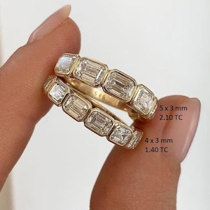 1.4 TCW / 2.1 TCW Emerald Cut Moissanite Wedding Band, 14K Solid Gold Band, East To West Bezel Setting Band, Stackable Band, Gift For Her