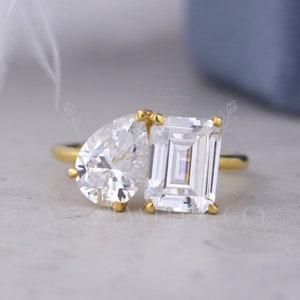 Toi Et Moi Ring, Pear And Emerald Cut Ring, 14K Solid Yellow Gold Ring, Two Stone Ring, Stackable Ring, Stackable Ring, Anniversary Gift