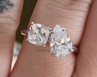 Toi Et Moi Ring, 3 TCW Pear And Cushion Cut Moissanite Engagement Ring, 14K Solid Gold Ring, Two Stone  Ring, Promise Ring, Anniversary Gift