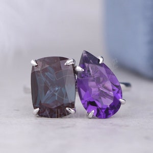 Toi Et Moi Ring, Alexandrite Cushion & Pear Cut Amethyst Gemstone Ring, 14K Solid Gold Ring, Lab Diamond Ring, Gift For Her, Birthstone Ring