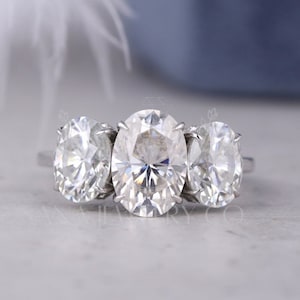 4.26 TCW Oval Cut Moissanite Engagement Ring, 14K Solid Gold Ring, Three Stone Ring, Double Hidden Halo Ring, Trilogy Ring, Proposal Ring