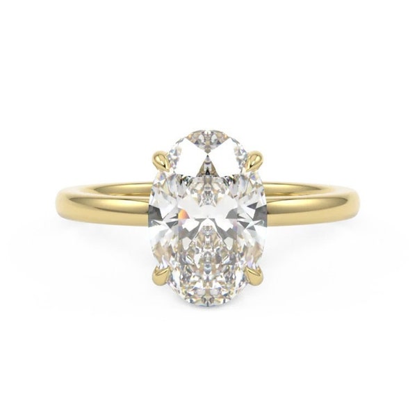 Anillo de compromiso de moissanita de talla ovalada de 3 qt, anillo ovalado de solitario, anillo de halo oculto, anillo de diamantes de laboratorio, anillo de oro amarillo de 14 qt, anillo de promesa