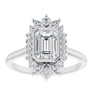 Starburst Ring, Emerald Cut Halo Moissanite Engagement Ring, Art Deco Ring, 14K Solid Gold Wedding Ring, Bezel Set Halo Ring, Dainty Ring