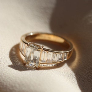 Unique 5 Ct Emerald Cut Moissanite Engagement Ring, Channel Set Wedding Ring, Handmade Jewelry, 14K Solid Gold Ring, Anniversary Gift Ring