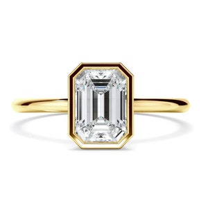 Emerald Cut Moissanite Bezel Wedding Ring, 2 CT Emerald Diamond 14K Yellow Gold Bezel Ring, Bezel Set Solitaire Ring, Promise Gift