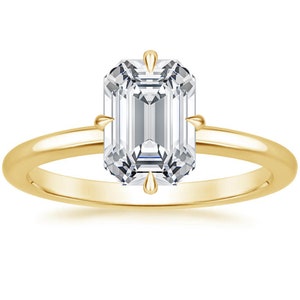 Solitaire Emerald Cut Moissanite Engagement Ring, Compass Prong Ring, 14K Solid Gold Ring, Hidden Halo Ring, Anniversary Gift For Wife