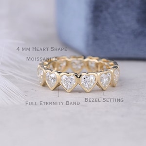 3.4 TC Heart Cut Moissanite Wedding Band, 14K Solid Gold Bezel Band, Matching Band, Full Eternity Band, Stackable Band, Handmade Jewelry