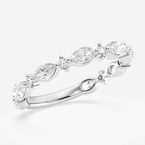 0.28 CT Marquise And Round Cut Moissanite Wedding Band, 14K Solid White Gold Band, Half Eternity Band, Bubble Prong Set Band, Matching Band