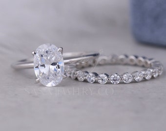 2.3 CT Oval Cut Moissanite Engagement Ring Set, 14K Solid Gold Ring, Stackable Ring Set, Bridal Ring Set, Wedding Ring Set, Anniversary Gift