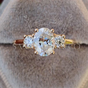 2 CT Oval Cut Moissanite Engagement Ring, 14K Solid Yellow Gold Ring, Three Stone Ring, Trilogy Ring, Bridal Set Ring, Wedding Ring For Her