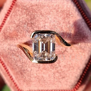 2.5 CT Emerald Cut Lab Grown Diamond Engagement Ring, 14K Solid Yellow Gold Ring, Half Bezel Ring, Wedding Ring, Bypass Shank Ring For Her