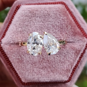 Toi Et Moi Moissanite Ring, Pear, and Oval Cut Two Stone Engagement Ring, Real 14K Solid Gold Double Stone Ring, Promise Rings for Women