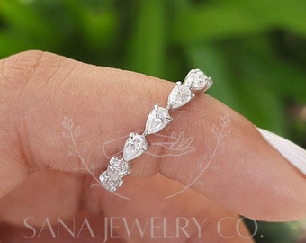 Pear Moissanite 14K White Gold Wedding Band, Stacking East West Half Eternity Set