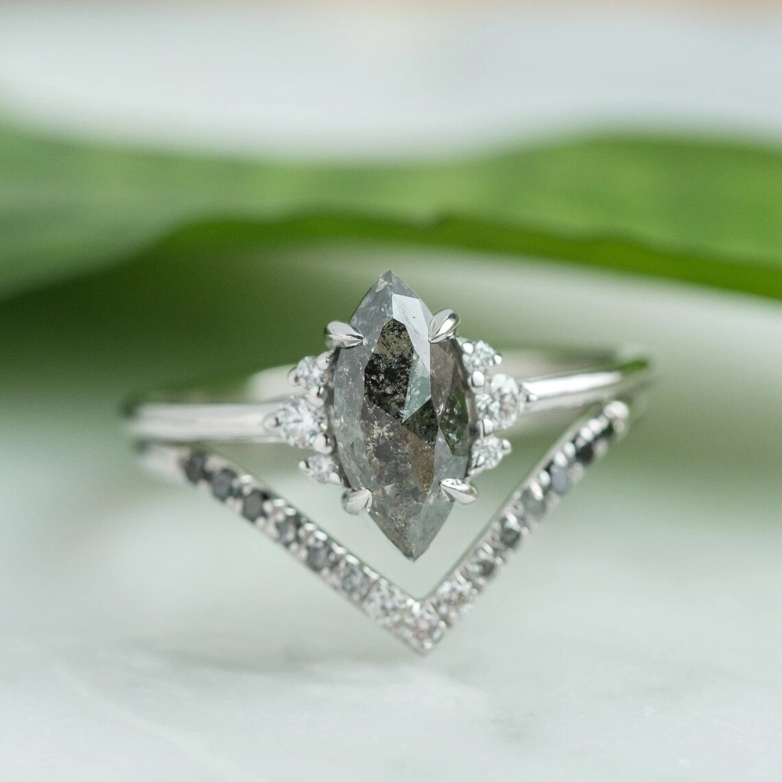 Marquise Cut Salt and Pepper Diamond RingNatural Diamond Etsy