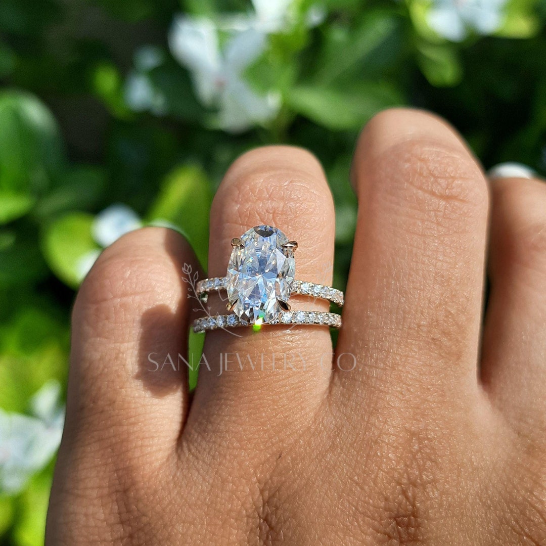 CT Oval Cut Moissanite Engagement Ring Set, 14K Solid Gold Ring