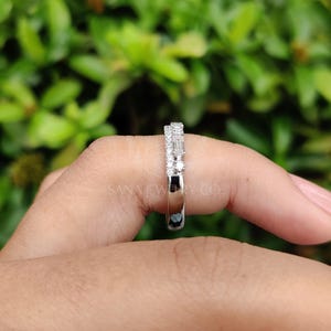 Baguette Cut Moissanite Wedding Band, 14K Solid White Gold Band, Two Row Band, Half Eternity Band, Stackable Band, Matching Band For Her image 5