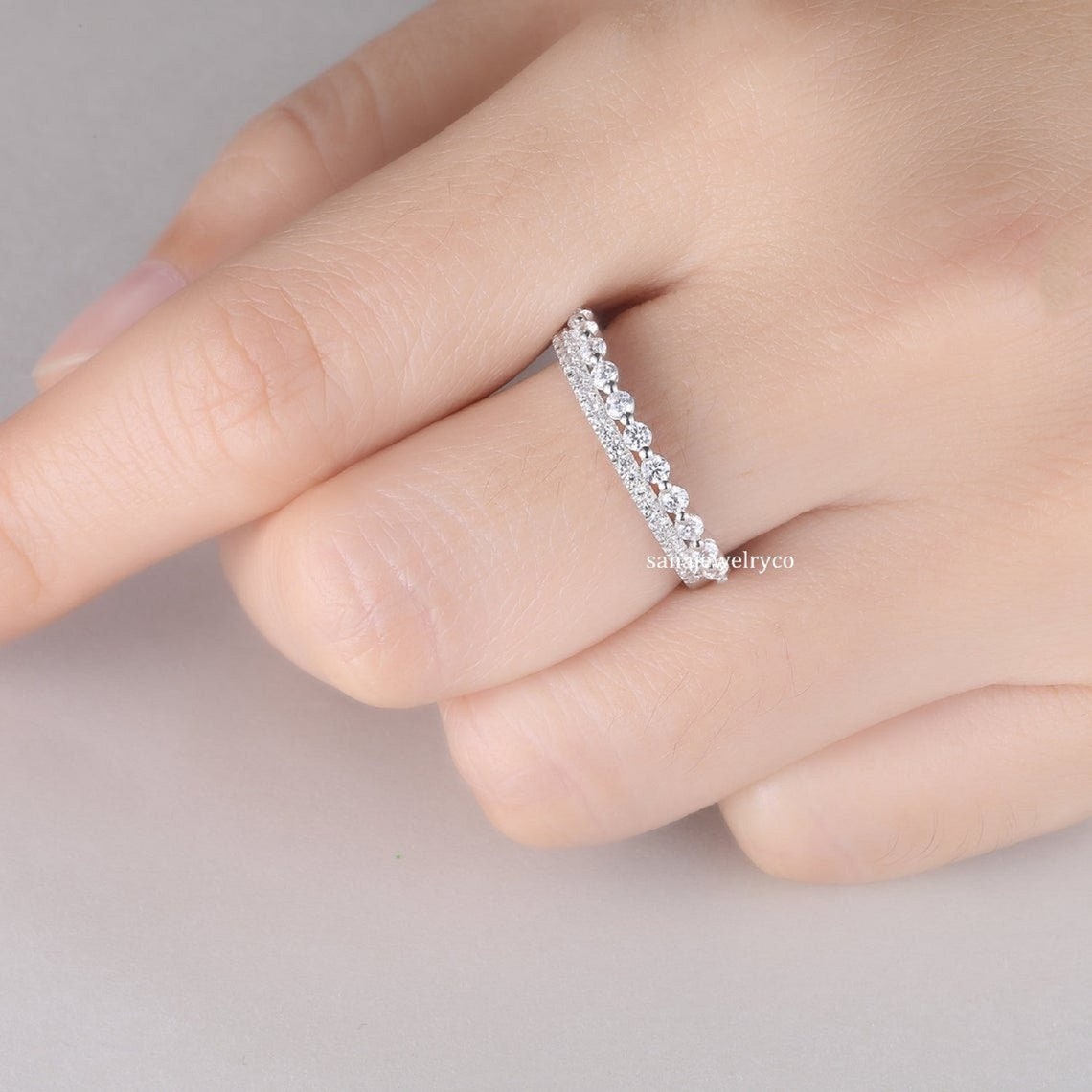 Round cut Moissanite Wedding Band 2mm Half Eternity Band