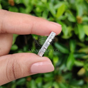Baguette Cut Moissanite Wedding Band, 14K Solid White Gold Band, Two Row Band, Half Eternity Band, Stackable Band, Matching Band For Her image 11