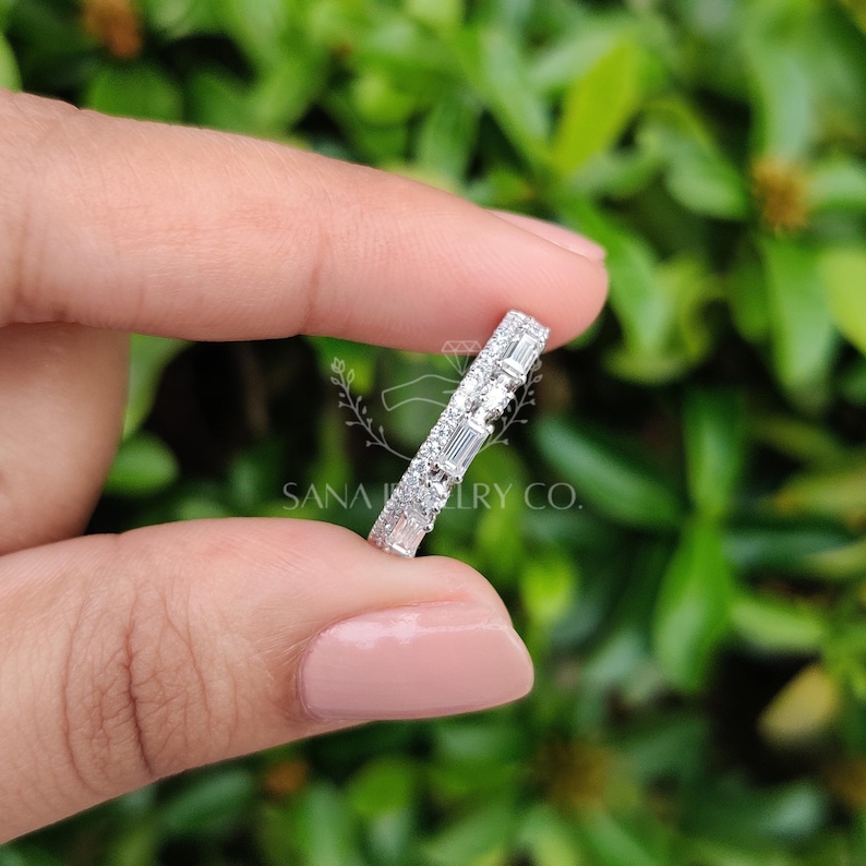 Baguette Cut Moissanite Wedding Band, 14K Solid White Gold Band, Two Row Band, Half Eternity Band, Stackable Band, Matching Band For Her image 11