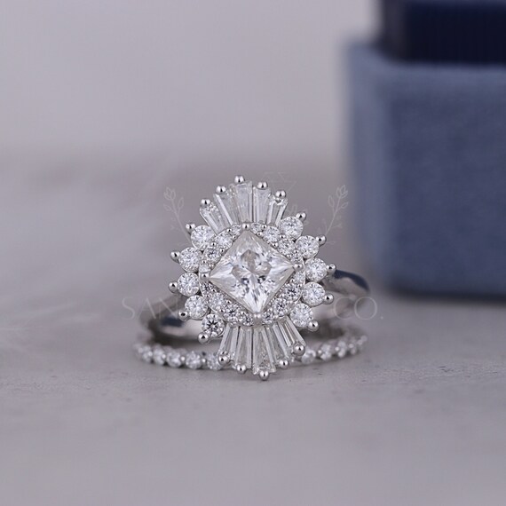 CT Princess Cut Moissanite Engagement Ring Set, 14K Solid