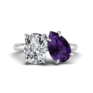 Bague toi et moi, améthyste violette taille poire et bague de fiançailles en moissanite coussin incolore, bague en or massif 14 carats, bague de promesse
