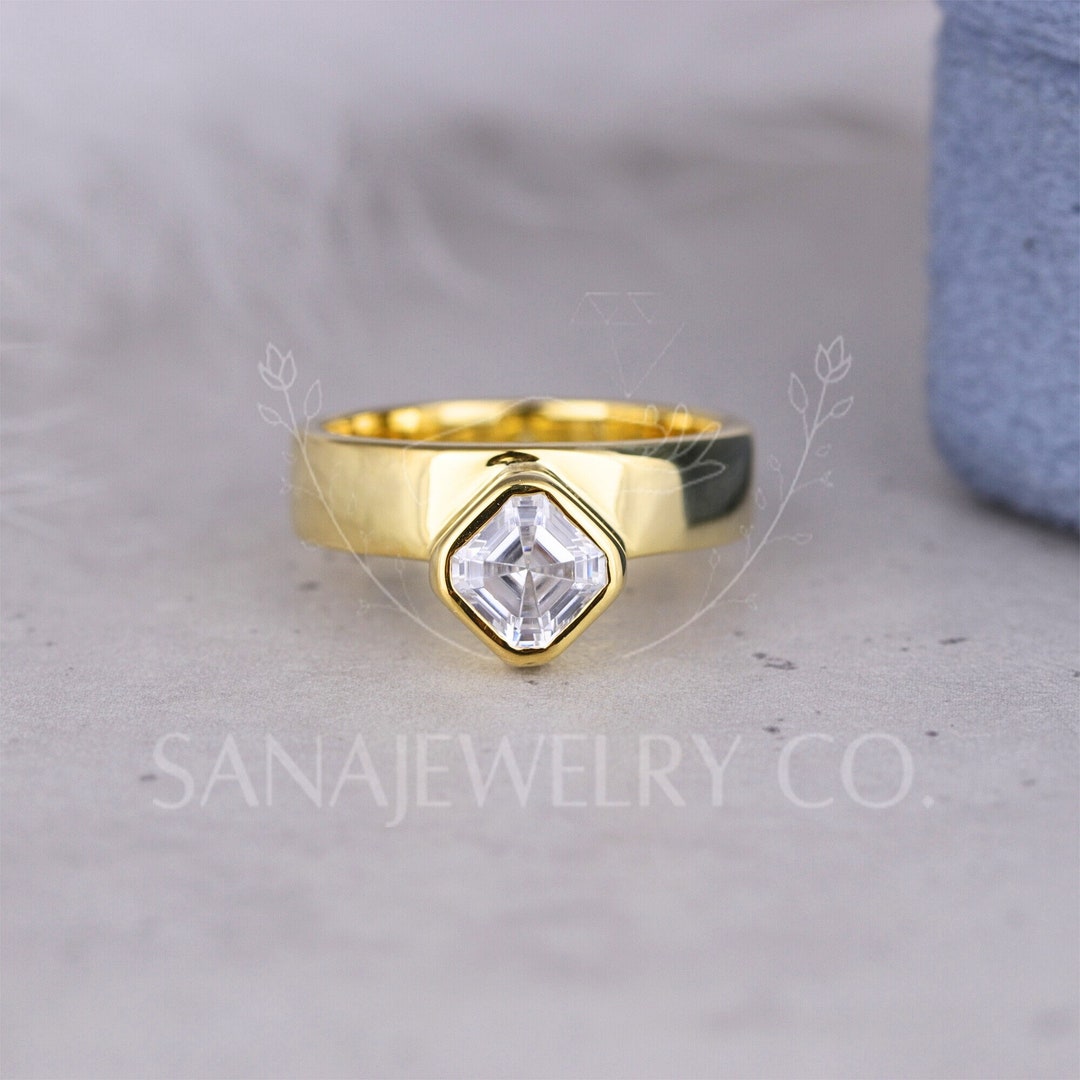 1.25 CT Asscher Cut Moissanite Engagement Ring, 14K Solid Yellow Gold ...