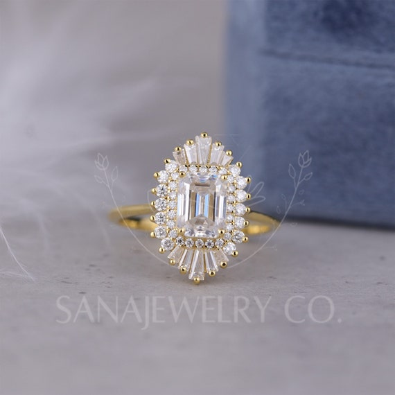 Starburst Halo Ring Emerald Cut Moissanite Engagement Ring Double Halo Wedding Ring 14K Solid Gold Ring Heidi Gibson Inspired Ring Etsy Canada