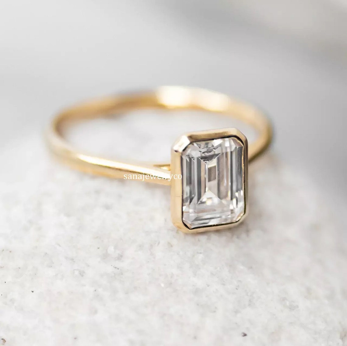 Emerald Cut Diamond Engagement Ring Bezel Set in Solid 14K 18K Etsy