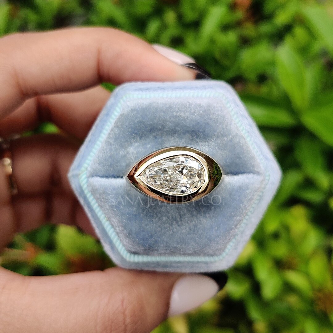 East West Ring, Pear Cut Lab Grown Diamond Engagement Ring, 14K Solid ...