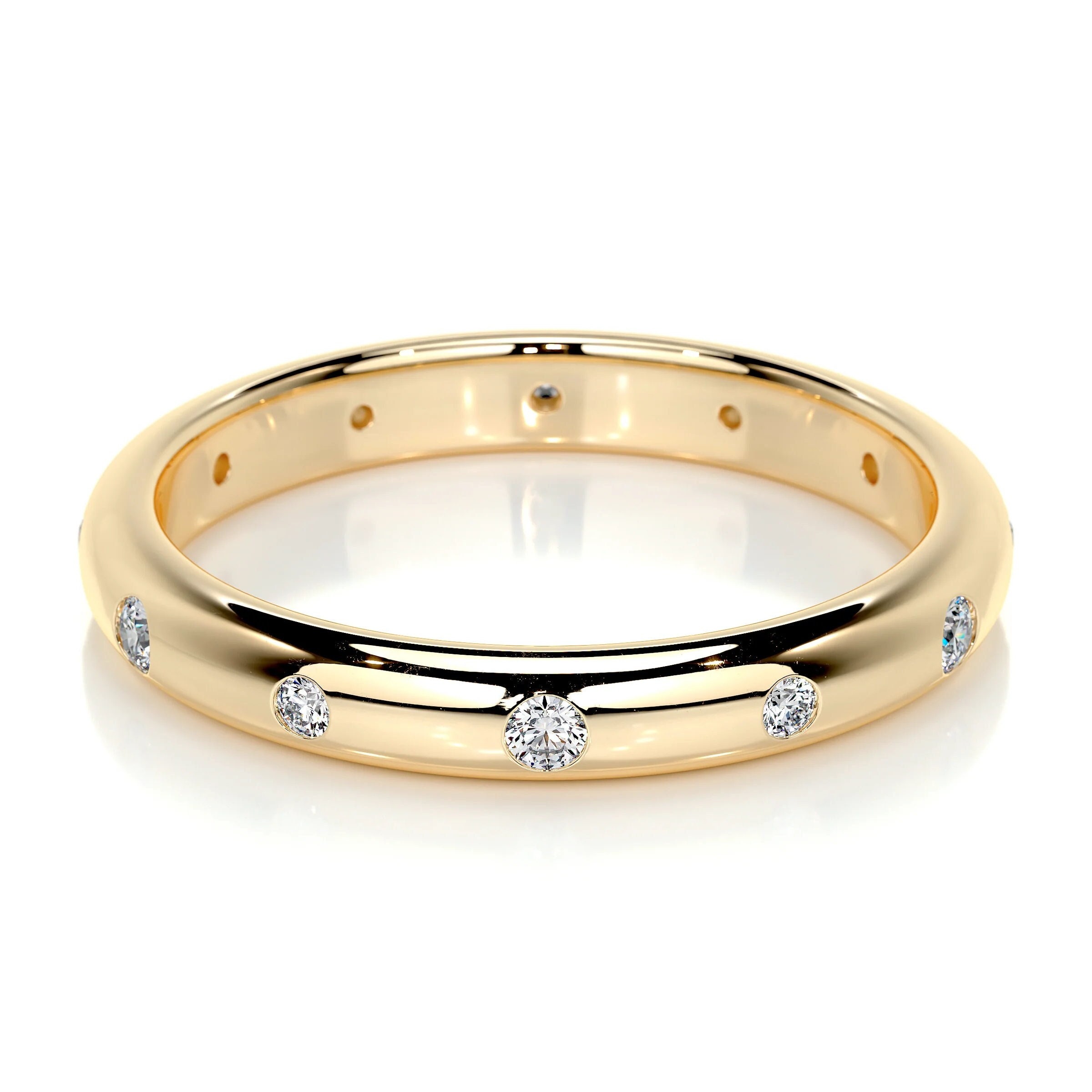 Round Cut Moissanite Wedding Band, 14K Solid Yellow Gold Ring, Distance Pave Eternity Band, Stackable Band, Matching Band, Anniversary Gift