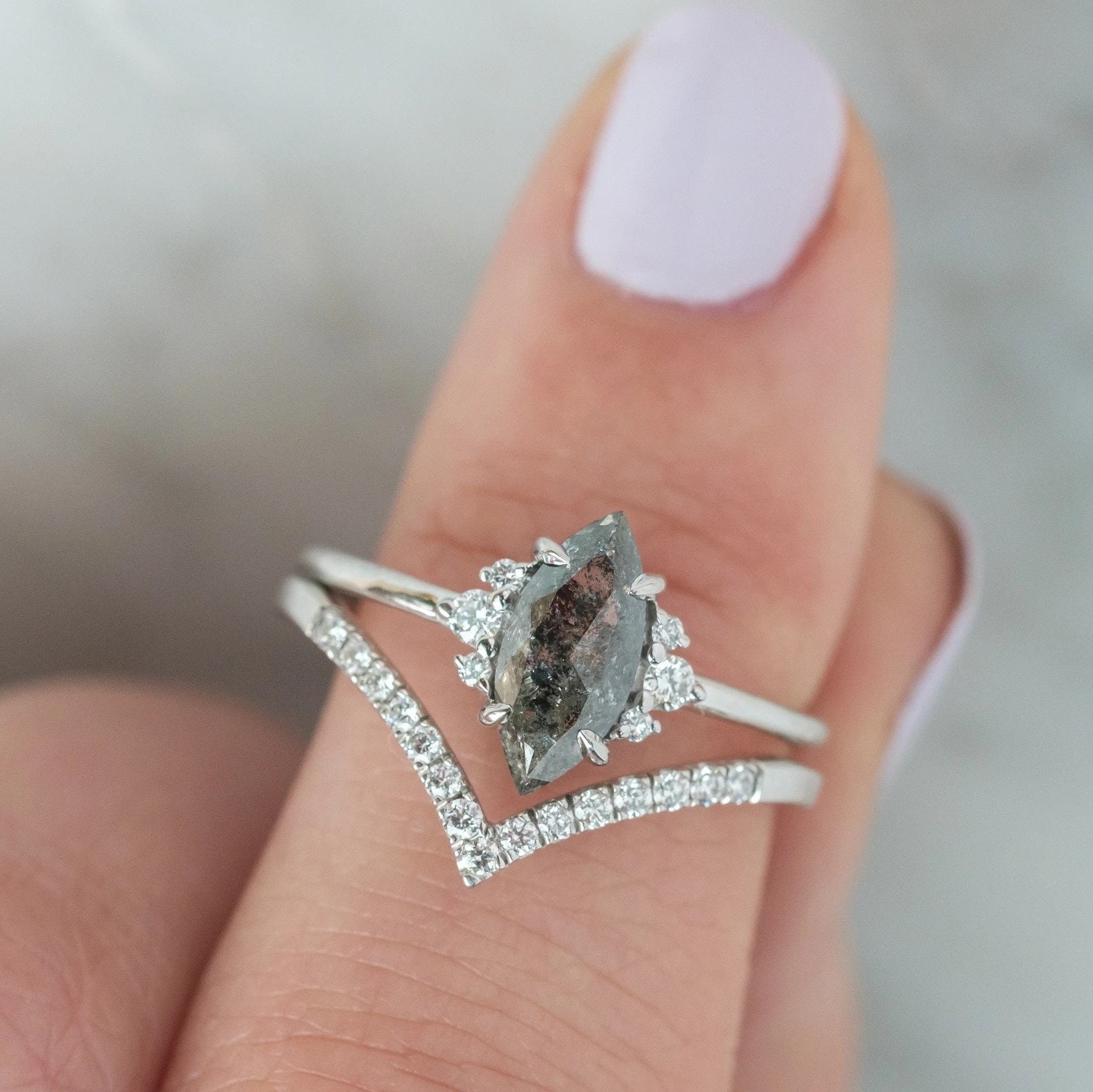 Marquise Cut Salt and Pepper Diamond RingNatural Diamond Etsy