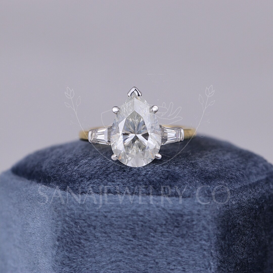 3 CT Pear Cut Moissanite Engagement Ring, 14K Solid Gold Ring, Three ...