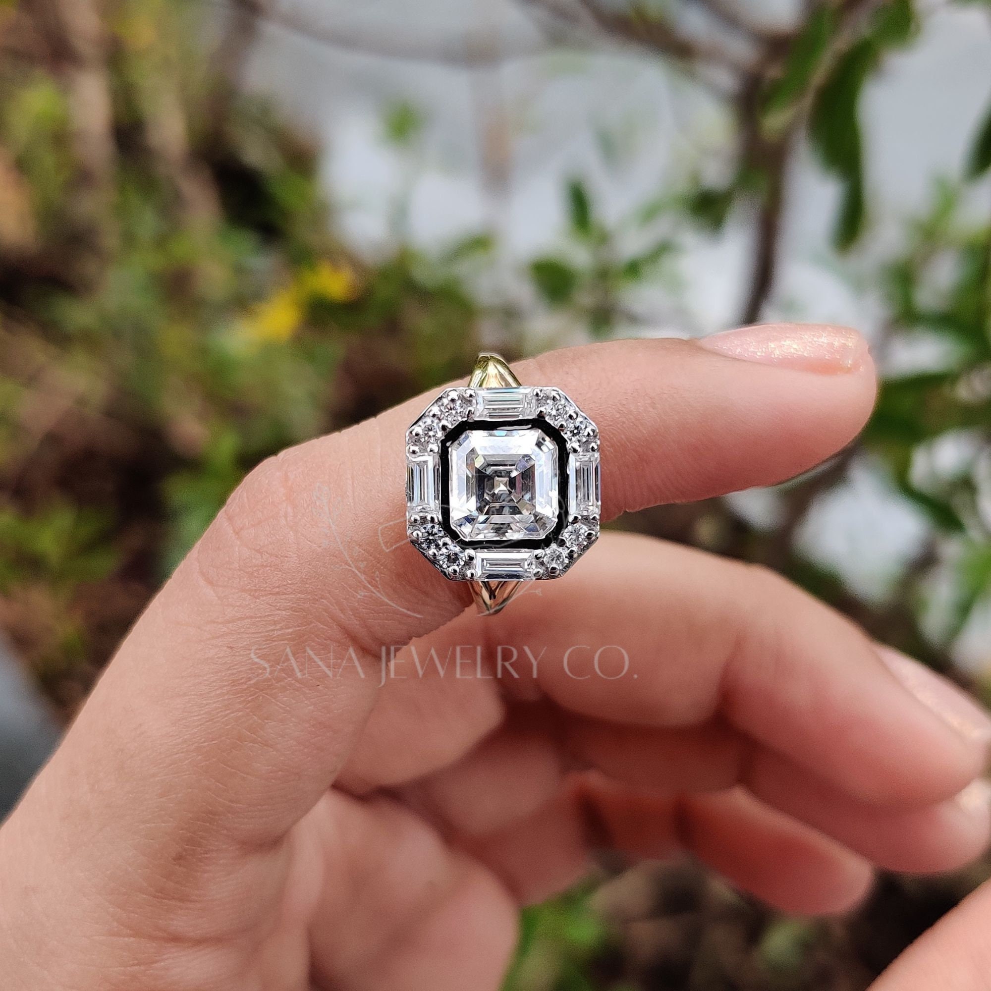Bague De Fiançailles Halo Moissanite Coupe Asscher — 2,67 TCW, Plaqué Or Blanc 14k, Personnalisable, Neuve