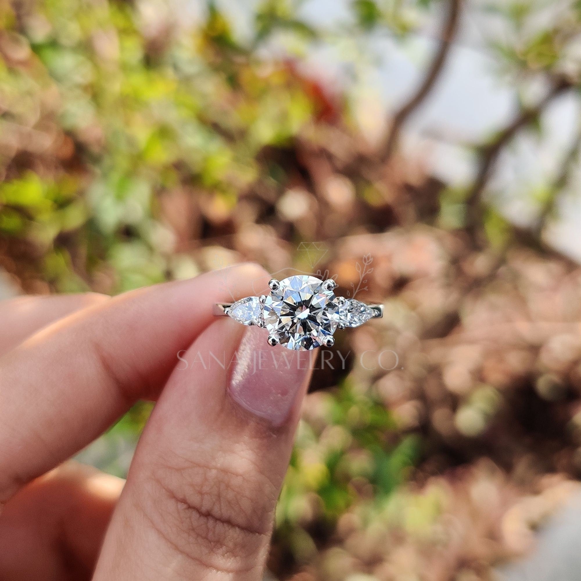 3 Stone Round and Pear Moissanite Diamond Ring Multi stone Wedding Anniversary Lab Diamond Ring Proposal Ring 14K Gold Engagement Ring Etsy