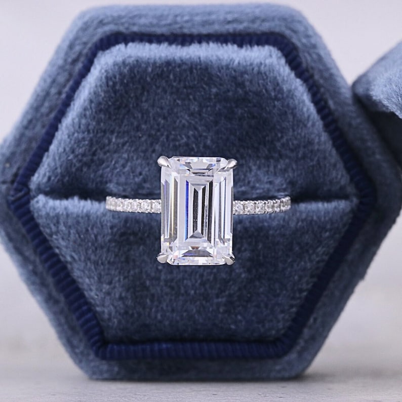 5 CT Emerald-Cut Colorless Moissanite Ring, Hidden Halo Engagement Ring, 34 Pave Set Wedding Ring, White Gold Ring, Anniversary Gift Ring image 1