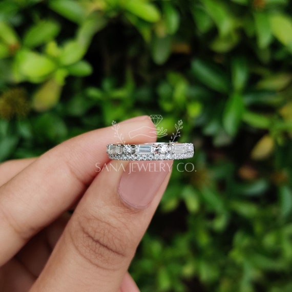 Baguette Moissanite Wedding Band, Half Eternity Band, Two Row Pave Band, 14K White Gold Band, Stackable Band, Bridal Ring Set, Matching Band