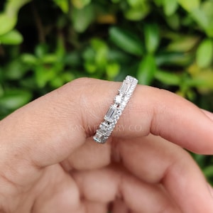 Baguette Cut Moissanite Wedding Band, 14K Solid White Gold Band, Two Row Band, Half Eternity Band, Stackable Band, Matching Band For Her image 6