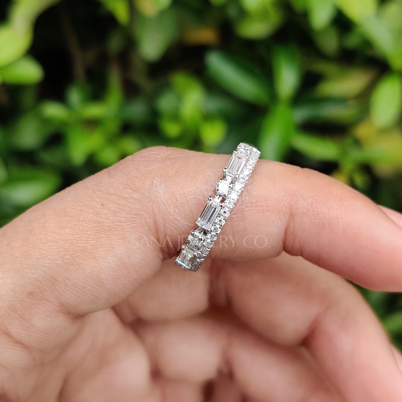 Baguette Cut Moissanite Wedding Band, 14K Solid White Gold Band, Two Row Band, Half Eternity Band, Stackable Band, Matching Band For Her image 6