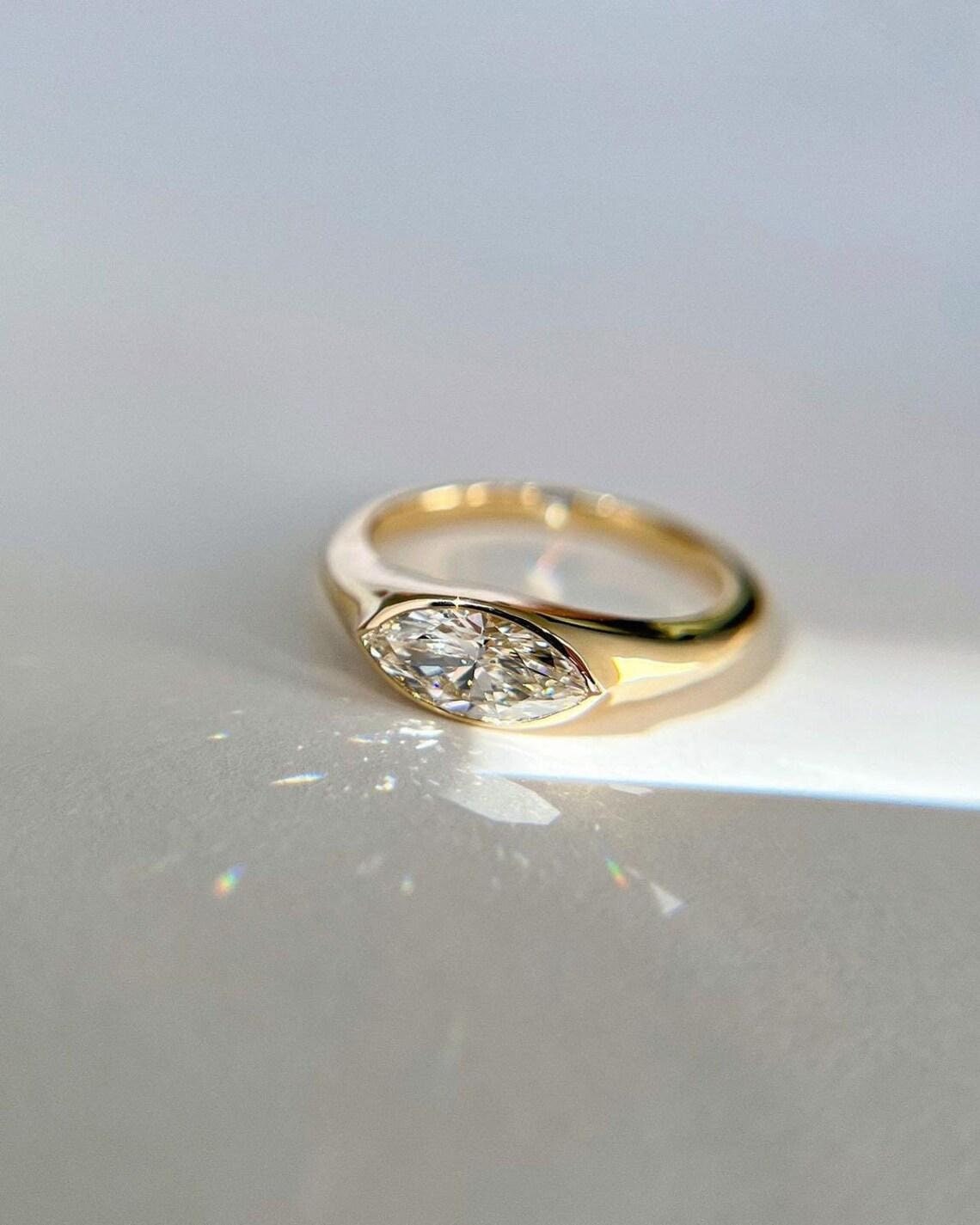 1.5 CT Marquise Cut Moissanite Engagement Ring, 14K Solid Yellow Gold East West Ring, Solitaire Bezel Ring, Statement Ring, Proposal Ring