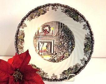 Vintage Johnson Brothers "Friendly Village Christmas", Large 10" Salad Serving Bowl, Green Made in England Backstamp, Cozy Fireside Scene