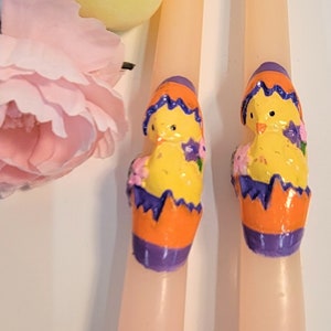 Vintage 12&quot; Tapered Easter Candles, Pair Of Matching Raised Relief Easter Chicks Hatching Out of Eggs on Soft Pink Candles Original Box 1985