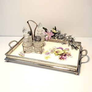 Antique Porcelain Serving Tray w/African Violet Overlay in Nickel-Plated Pierced Metal Frame + Crystal Condiment Set w/Metal Caddy, 1920s
