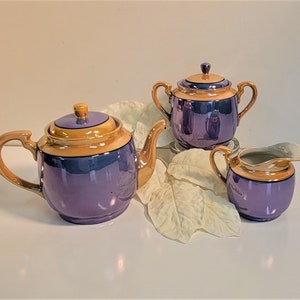 Vintage Blue Peach Lusterware Coffee Tea Set With Black Accent