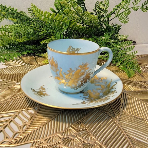 Vintage Alfred Orlik Hand Painted French Porcelain Demitasse Cup & Saucer, Made in France, Signed, Robins Egg Blue, 22K Gold Foliage Accents
