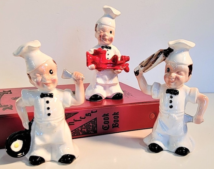 RARE Vintage Kreiss Ceramic Winking Chefs, Set of 3, Kitchen Figures, 4